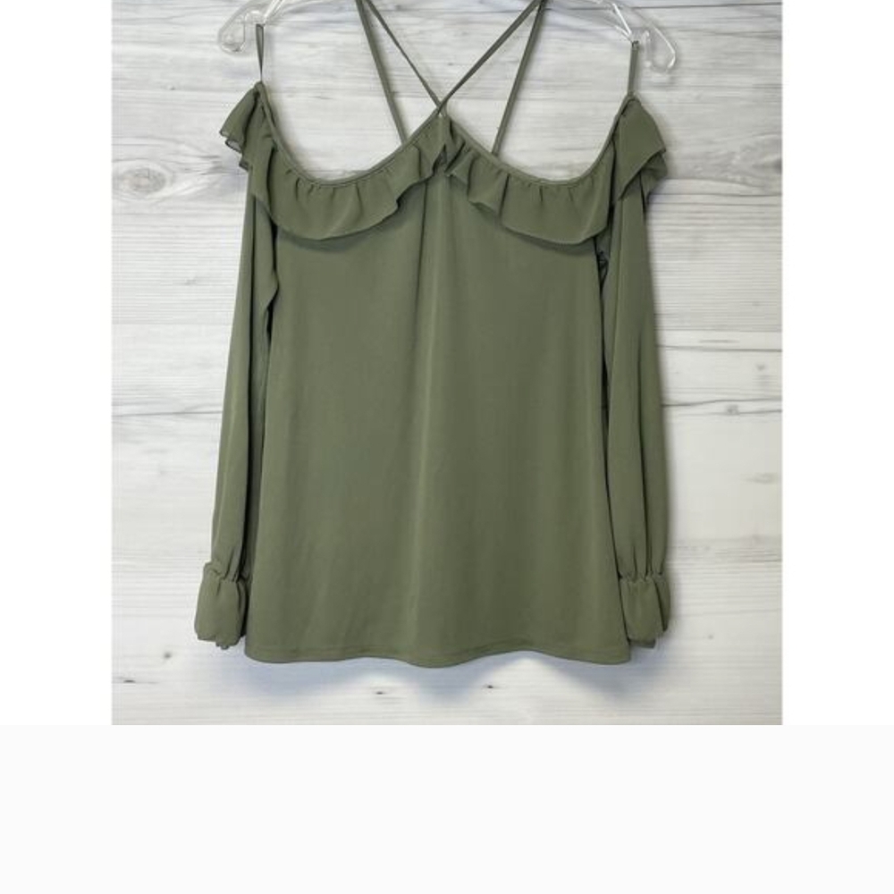 White House Black Market Olive Cold-Shoulder Ruffle Blouse